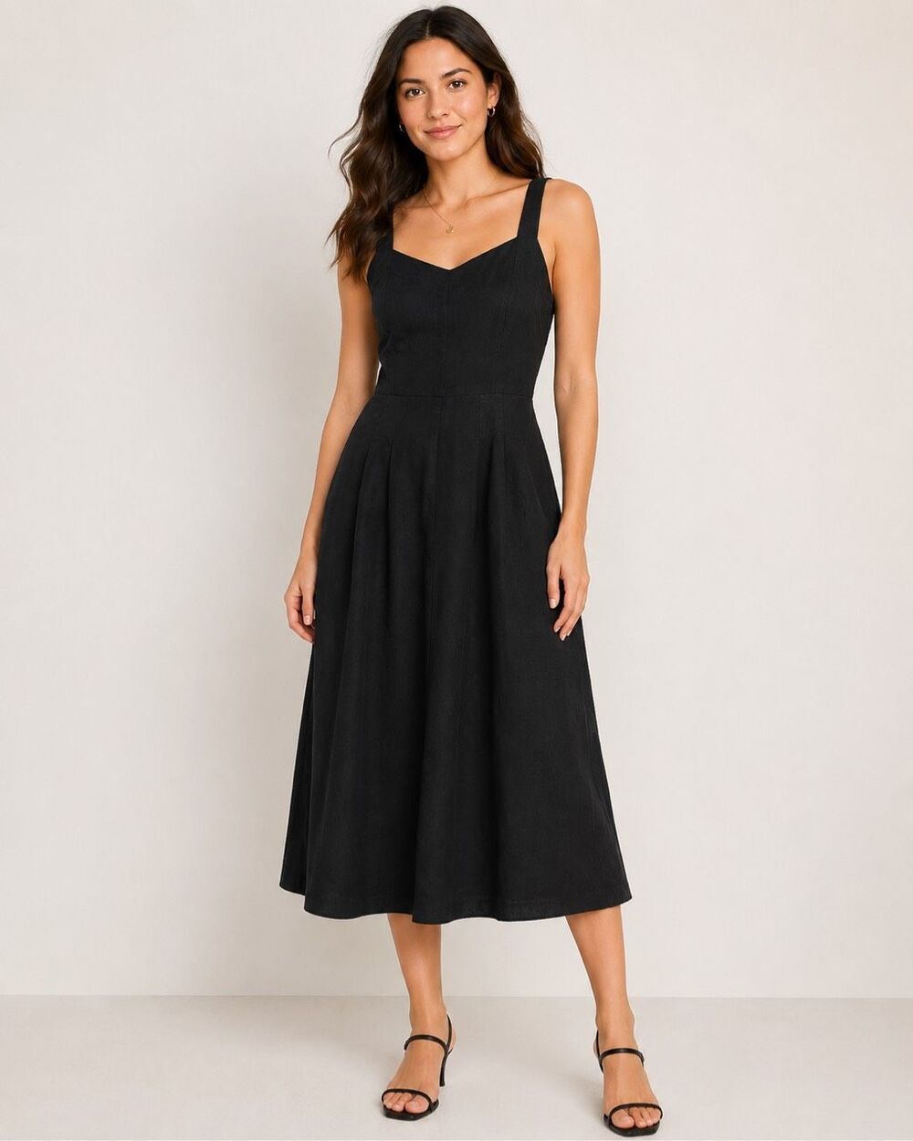 Old Navy NWT Womens Medium Black Linen Blend Midi Dress Smocked Back